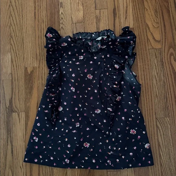 Rebecca Taylor MIS La Vie Meadow Floral Ruffle Navy Sleeveless Blouse Sz 12 - Picture 2 of 4